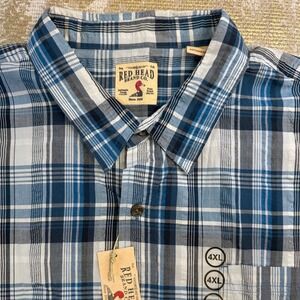 RED HEAD BRAND CO. BASS PRO Blue/White Plaid Short Sleeve Button-U Shirt NWT 4XL